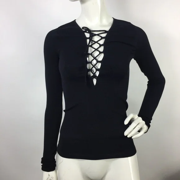Free People Ribbed Long Sleeve Top Black M/L - Picture 6 of 15